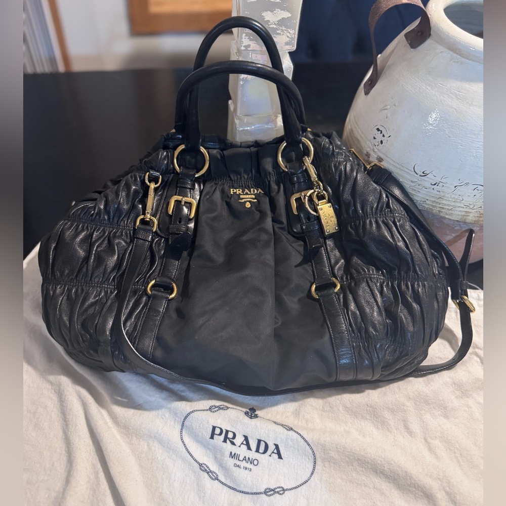 Prada Tessuto Gaufre 2-Way Nylon Leather Shoulder Bag – Large Black